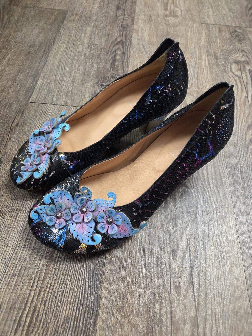 Socofy Leather Metallic Floral Applique Snakeskin Pump Heels Shoes Euro 39 - 8.5